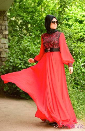 Sefamerve Tesettür Abiye Elbiseler PDY 4201-05 Kırmızı