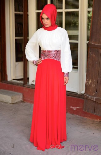 Red Hijab Evening Dress 3262-01