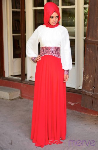 Red Hijab Evening Dress 3262-01
