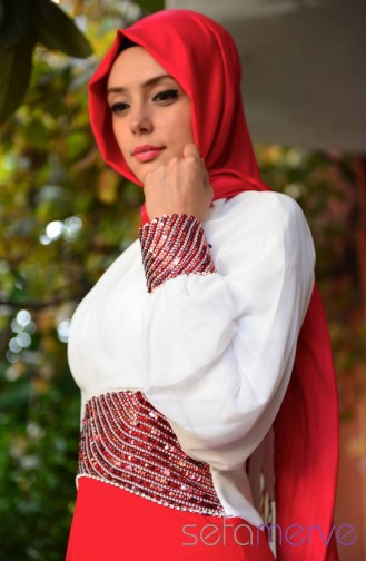 Red Hijab Evening Dress 3262-01