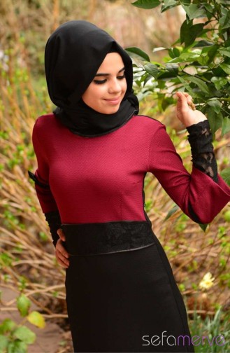 Hijab Dress 7126B-04 Claret Red Black 7126B-04