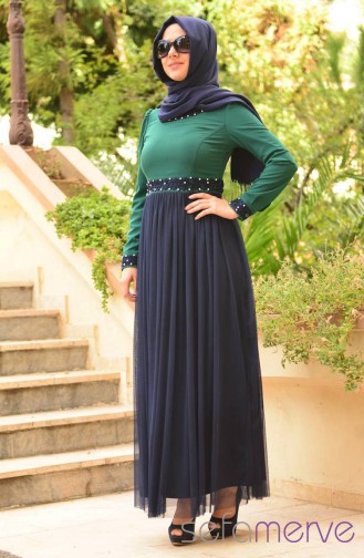 Sefamerve Kombin Elbise GLY 0301-07 Yeşil-Lacivert