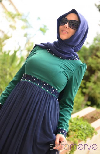 Sefamerve Kombin Elbise GLY 0301-07 Yeşil-Lacivert