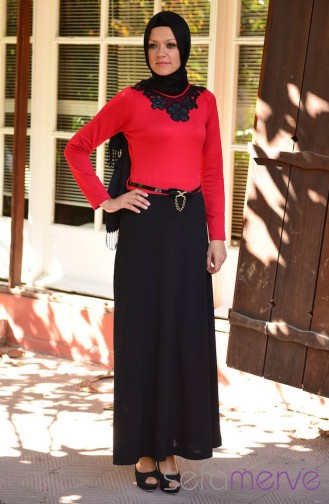 Selviler Kombin Elbise 14.4133-05 Kırmızı-Siyah