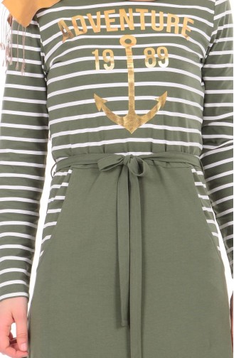 Baskılı Çizgili Elbise 1512035-01 Haki Yeşil