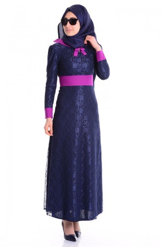 Navy Blue Hijab Evening Dress 2362-04