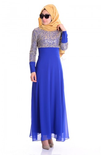 Robe de Soirée Bordée de Paillette 2369-01 Bleu Roi 2369-01