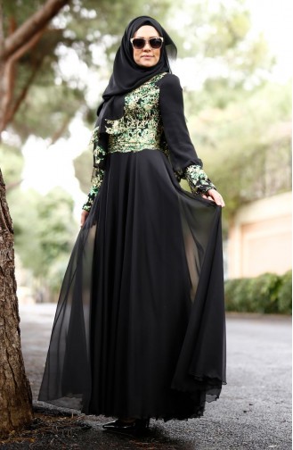 Robe de Soirée Bordée de Paillette 0035-01 Noir Vert 0035-01