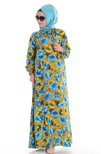 Dijital Baskılı Elbise 0354-02 Sarı Mavi