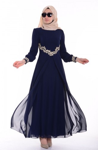 Navy Blue Hijab Evening Dress 52419-05