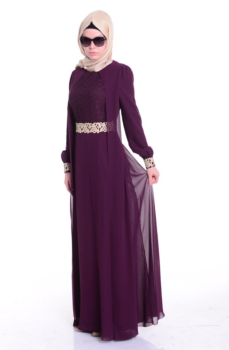Şifon İşlemeli Elbise 52282-01 Mürdüm