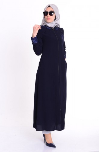 Abaya Détail Perles 0455-02 Bleu Marine 0455-02