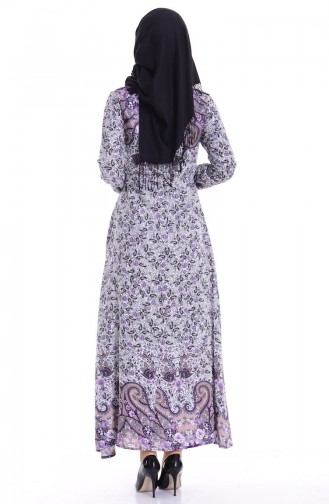 Çiçekli Viskon Elbise 4006-03 Mor Siyah
