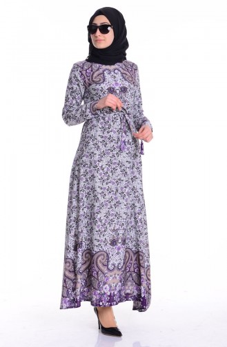 Çiçekli Viskon Elbise 4006-03 Mor Siyah