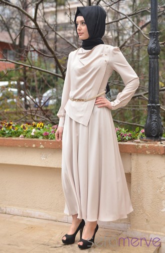 Beige Hijab Evening Dress 4100-04