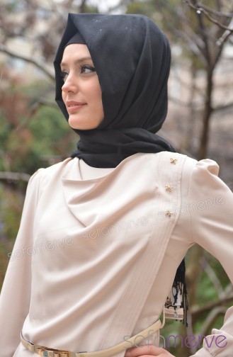 Beige Hijab Evening Dress 4100-04