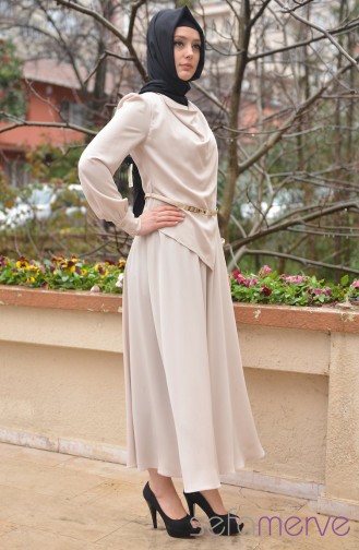 Beige Hijab Evening Dress 4100-04