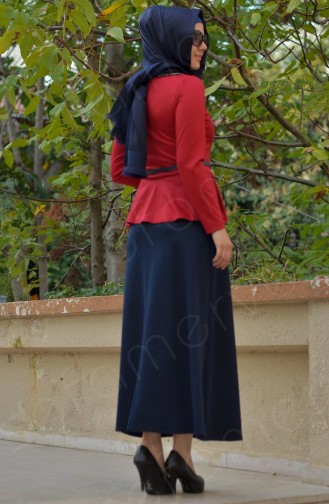 Hüma Sultan Kombin Elbise 3020-03 Kırmızı-Lacivert