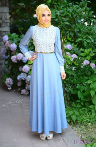 Tesettür Elbise FY 52043-01 Açık Mavi