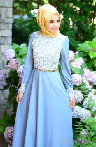 Tesettür Elbise FY 52043-01 Açık Mavi