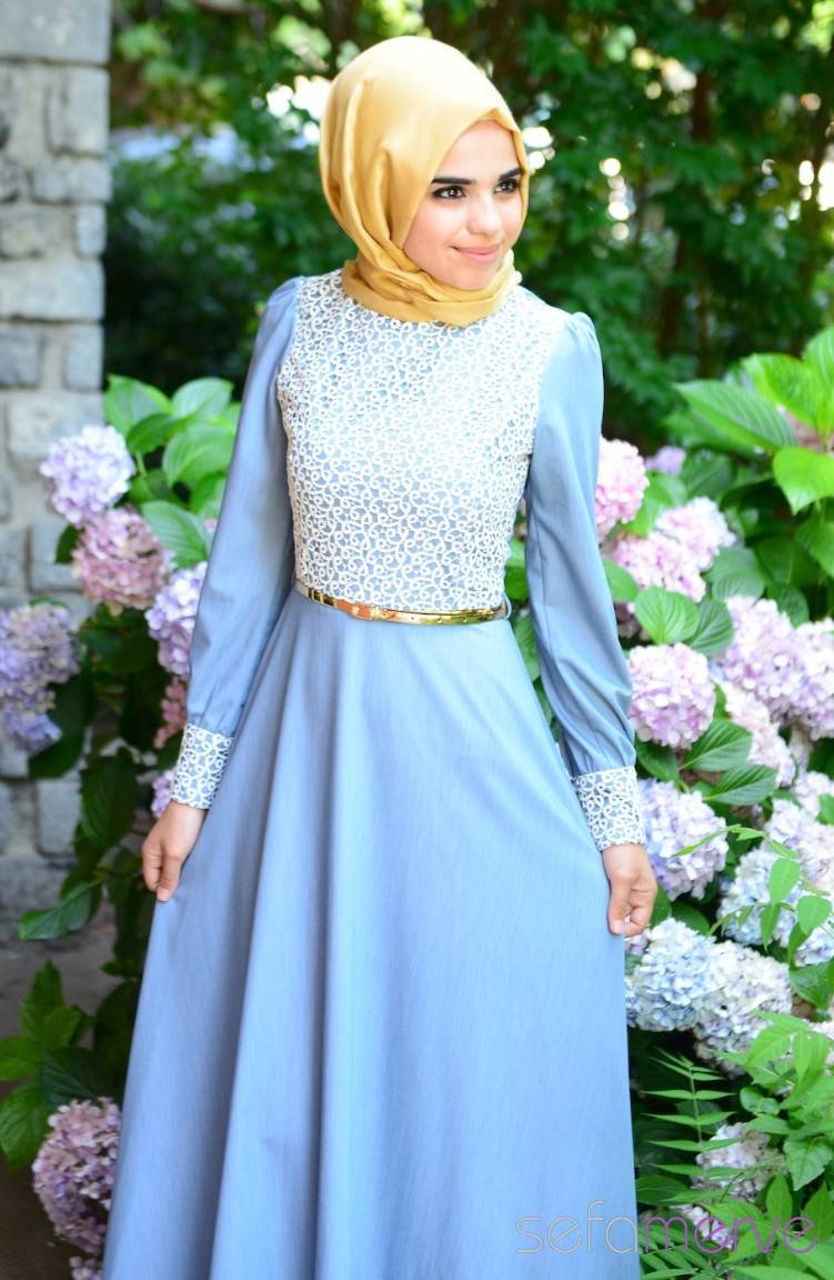 Tesettür Elbise FY 52043-01 Açık Mavi