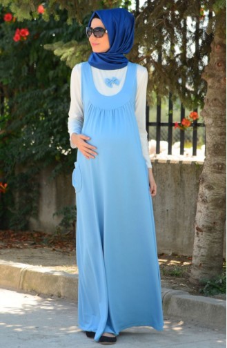 Tesettür Hamile Kot Elbise 4061-01 Buz Mavi