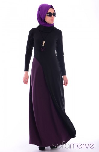 Tesettür Elbise WB 5432-07 Siyah Mürdüm
