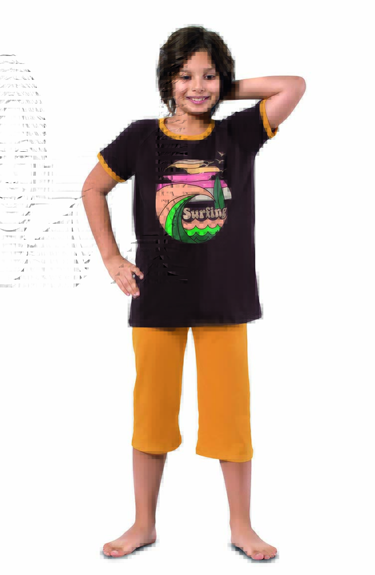 Sefamerve Erkek Çocuk Kapri Pijama Takımı 3298 Kahverengi Hardal