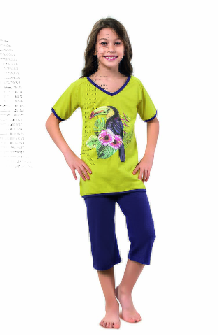 Sefamerve Kız Çocuk Kapri Pijama Takımı 4318 Fıstık Yeşili Lacivert
