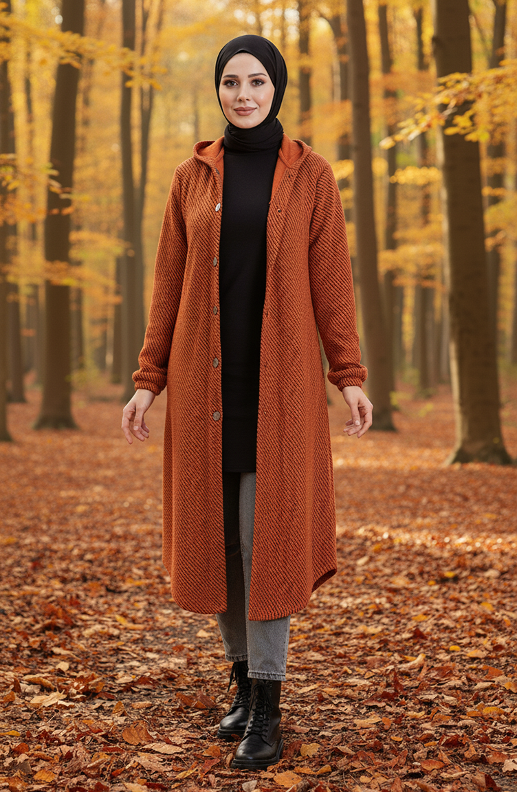 Manteau En Cachemire à Capuche Et Boutons 0201-08 Orange 0201-08