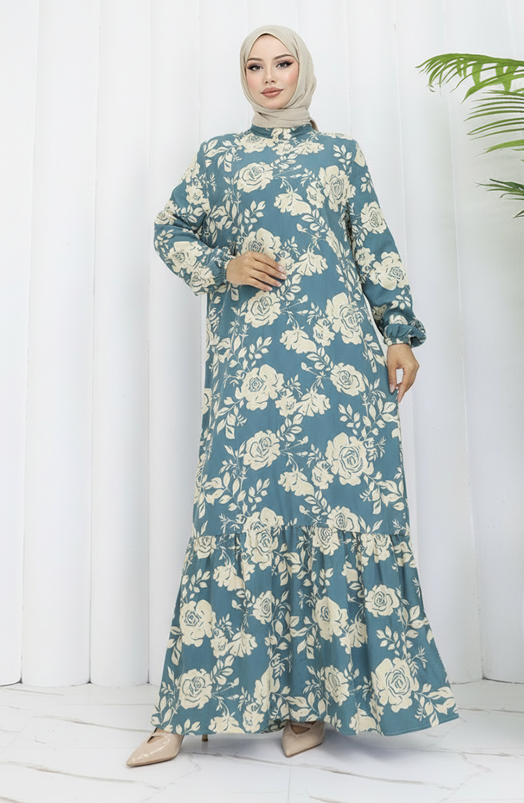 Viscose Stof Elastische Mouw Patroon Jurk 2037-04 Amandelgroen 2037-04