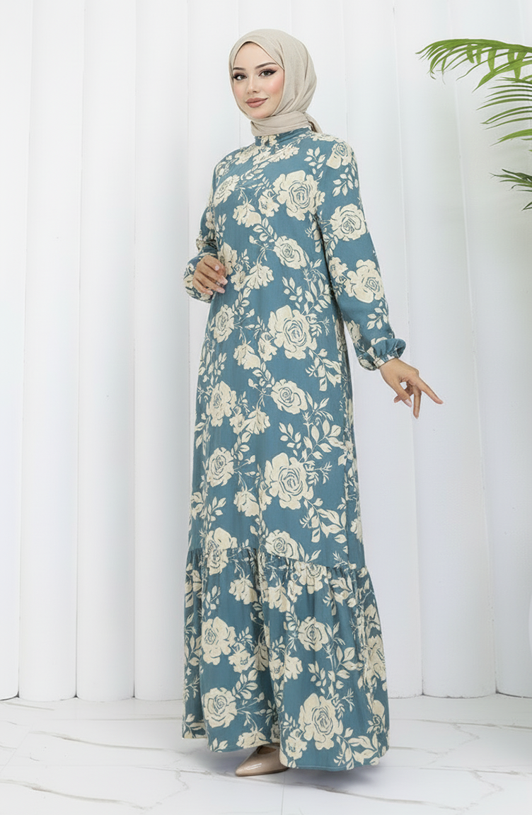 Viscose Stof Elastische Mouw Patroon Jurk 2037-04 Amandelgroen 2037-04