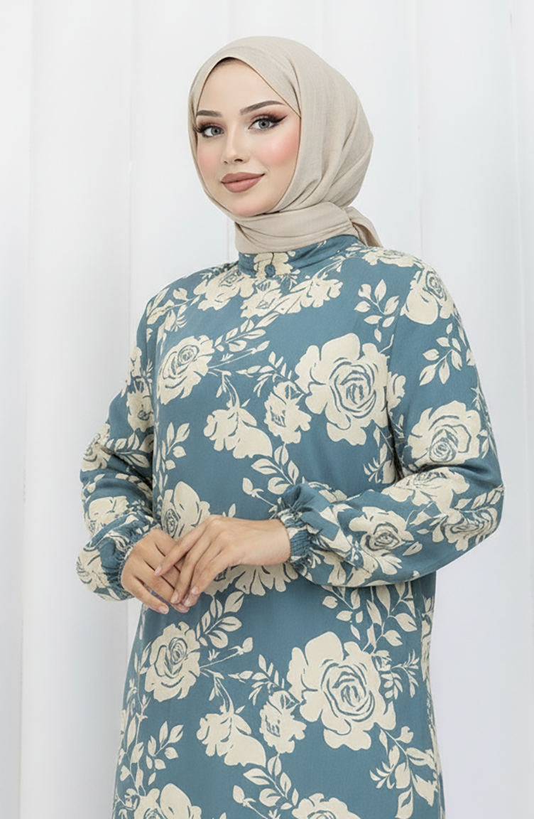 Viscose Stof Elastische Mouw Patroon Jurk 2037-04 Amandelgroen 2037-04