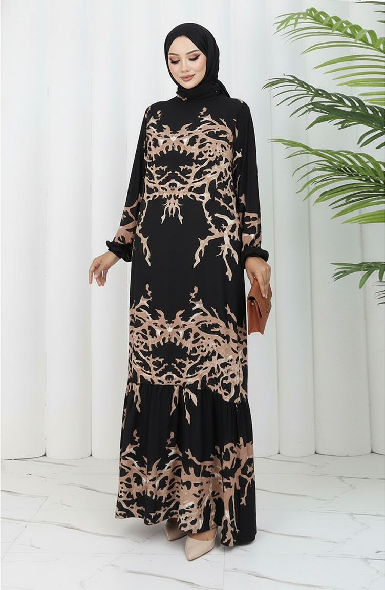 Viscose Stof Patroon Jurk 2040-05 Zwarte Nerts 2040-05