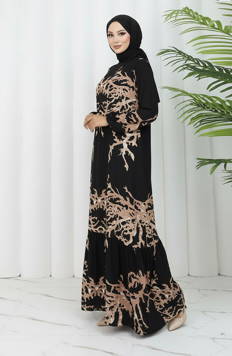 Viscose Stof Patroon Jurk 2040-05 Zwarte Nerts 2040-05