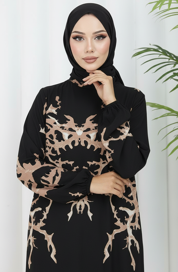 Viscose Stof Patroon Jurk 2040-05 Zwarte Nerts 2040-05