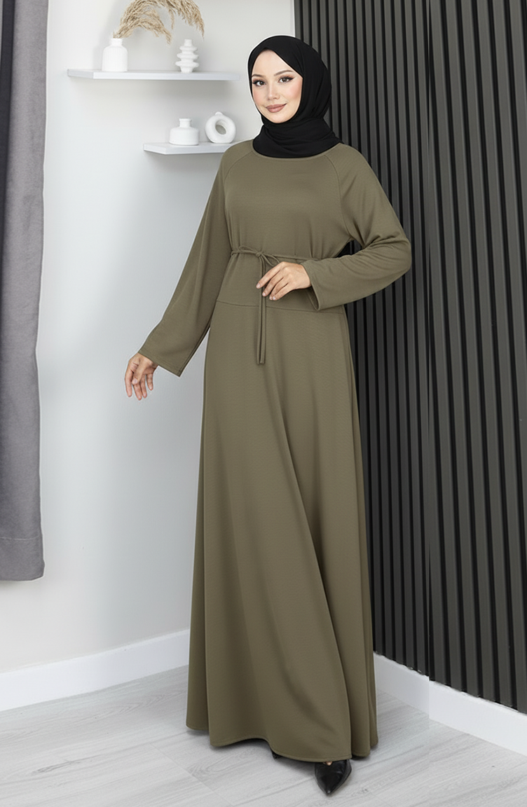 Oysho Fabric Belted Modest Dress 2162-01 Khaki 2162-01