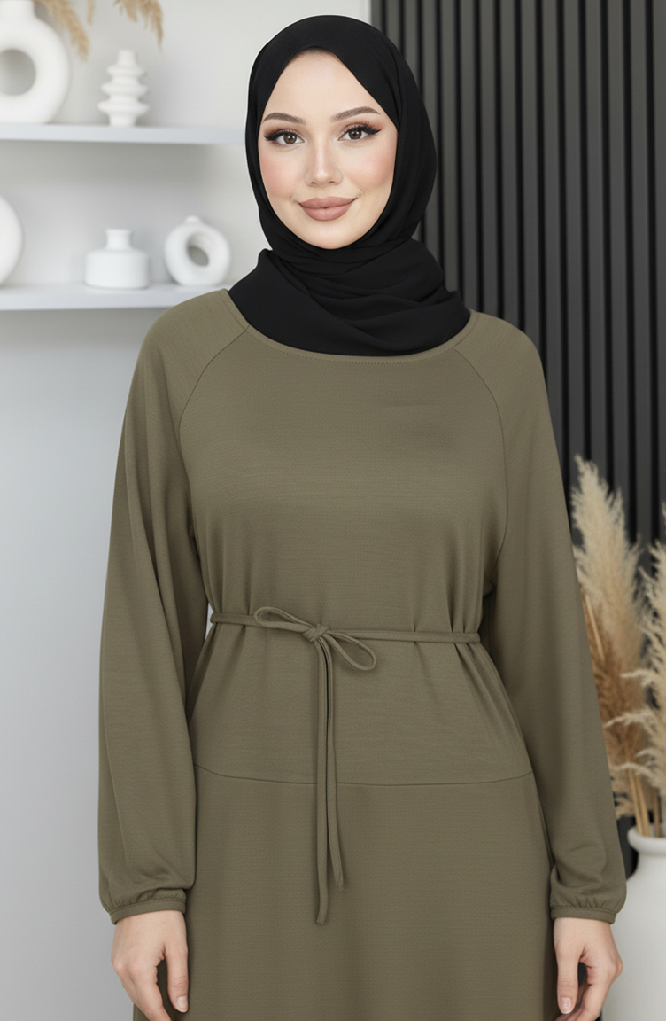 Oysho Fabric Belted Modest Dress 2162-01 Khaki 2162-01