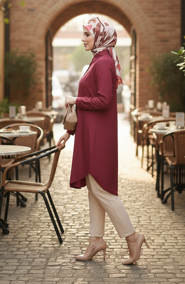 Düğmeli Viskon Tunik 6116-03 Bordo