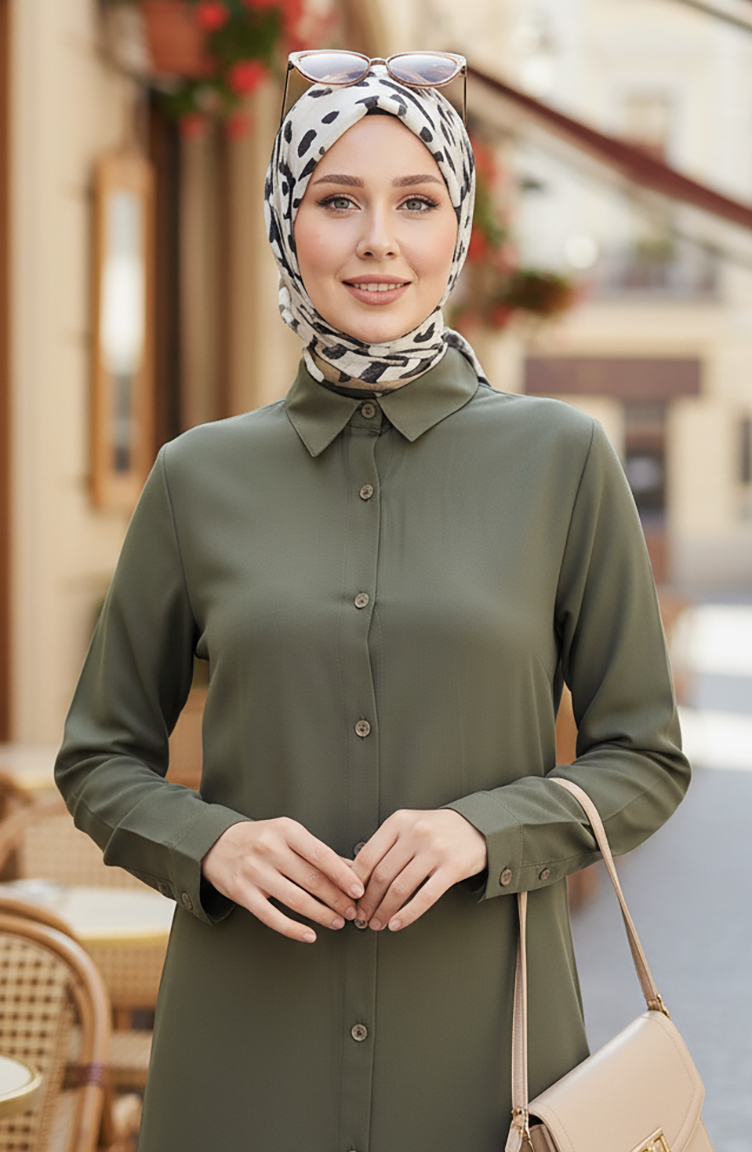Düğmeli Viskon Tunik 6116-06 Koyu Haki