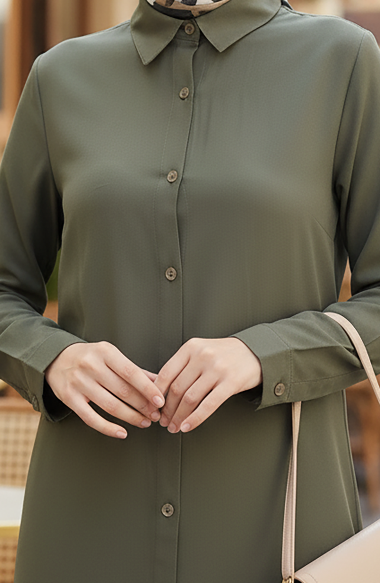 Düğmeli Viskon Tunik 6116-06 Koyu Haki