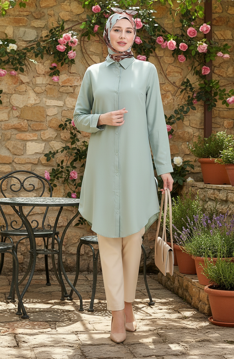 Düğmeli Viskon Tunik 6116-09 Çağla Yeşili