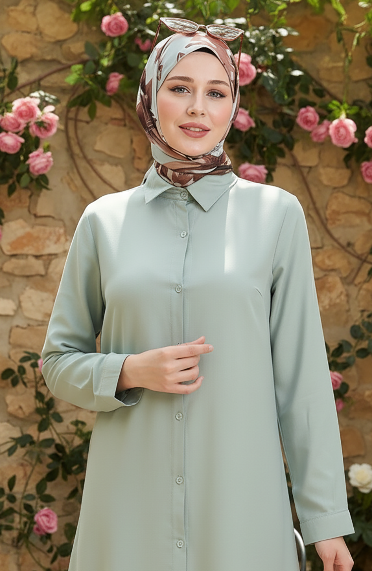 Düğmeli Viskon Tunik 6116-09 Çağla Yeşili
