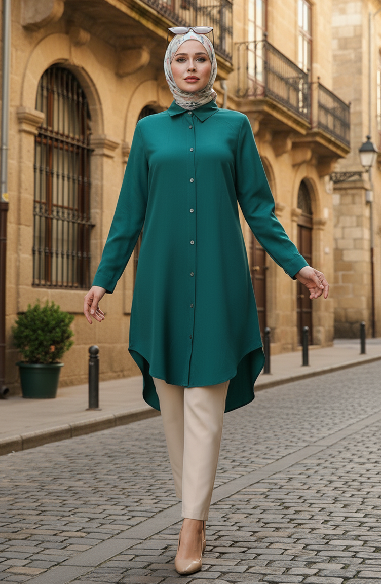 Düğmeli Viskon Tunik 6116-11 Zümrüt Yeşili