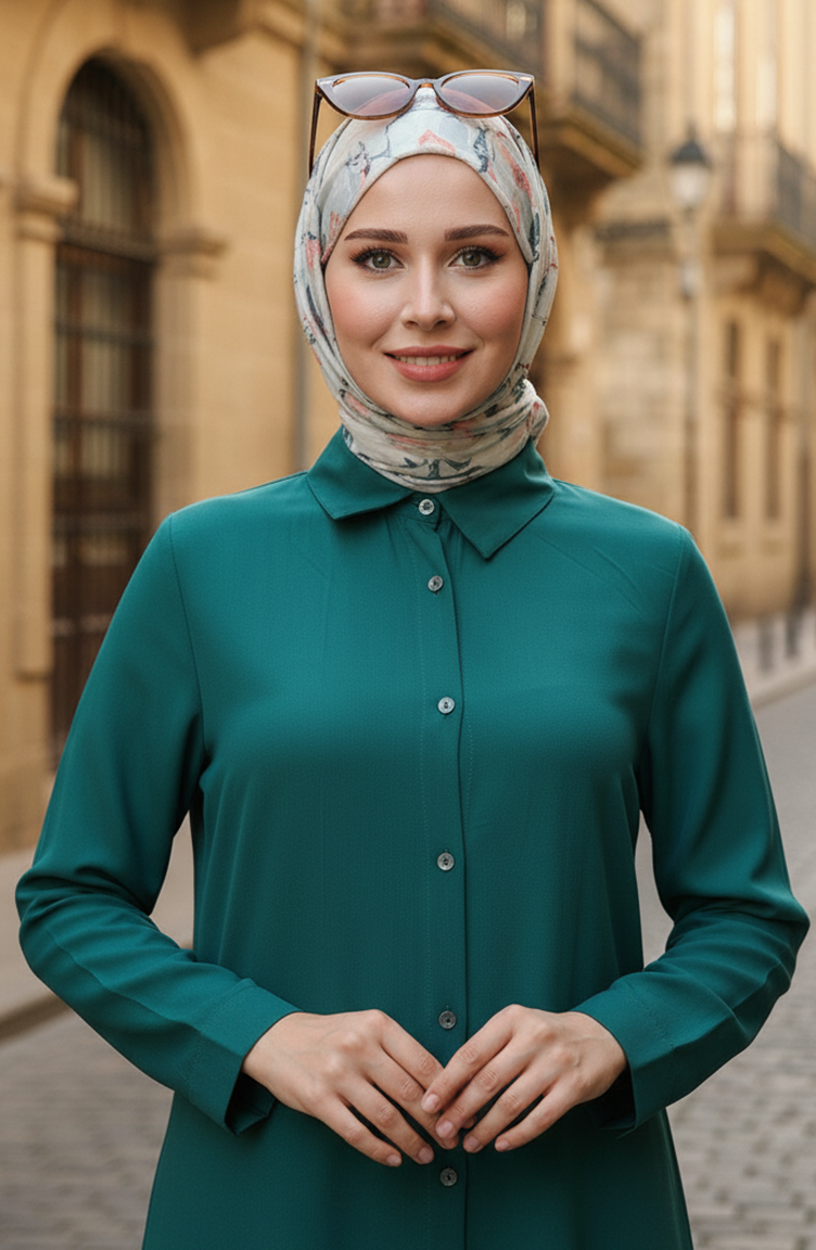 Düğmeli Viskon Tunik 6116-11 Zümrüt Yeşili