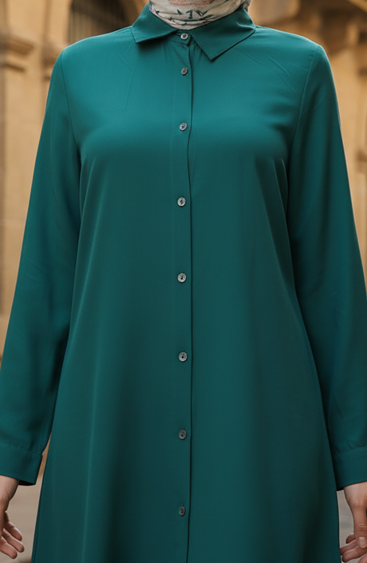 Düğmeli Viskon Tunik 6116-11 Zümrüt Yeşili