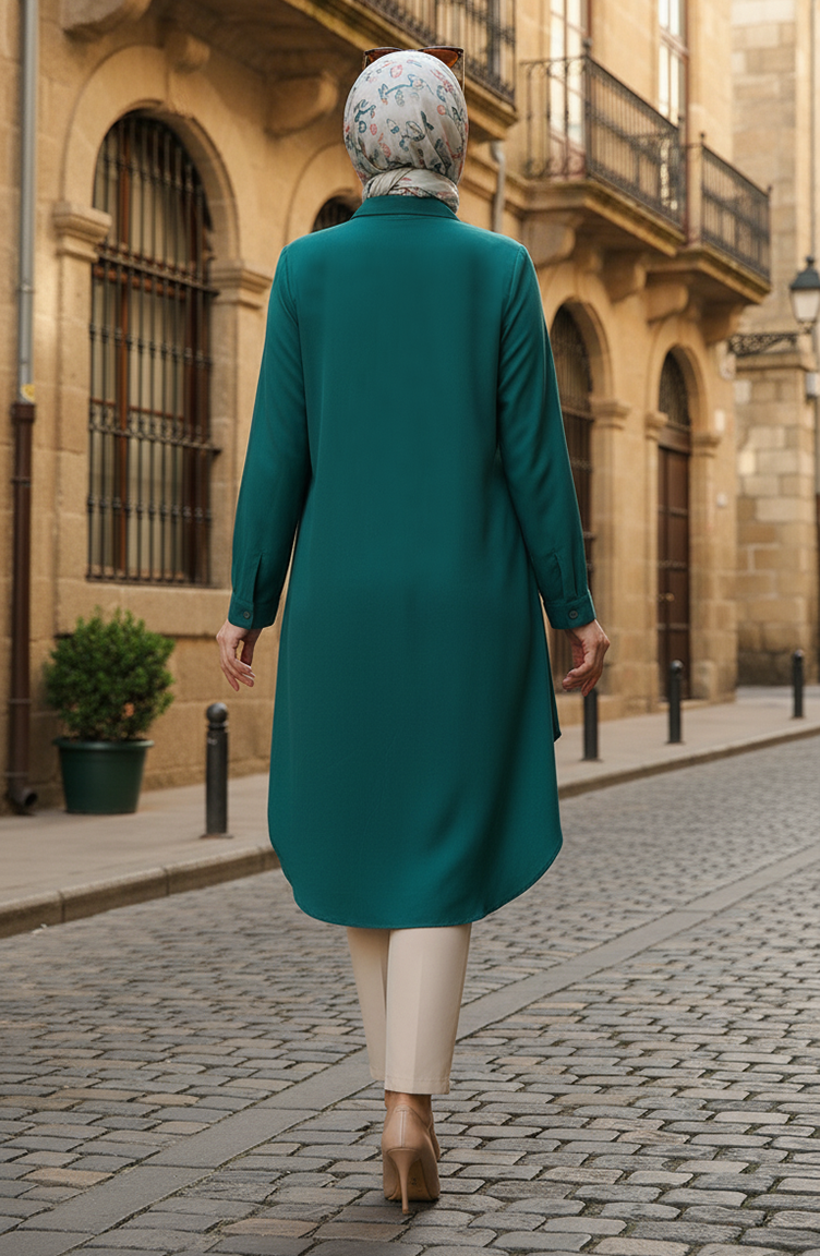 Düğmeli Viskon Tunik 6116-11 Zümrüt Yeşili