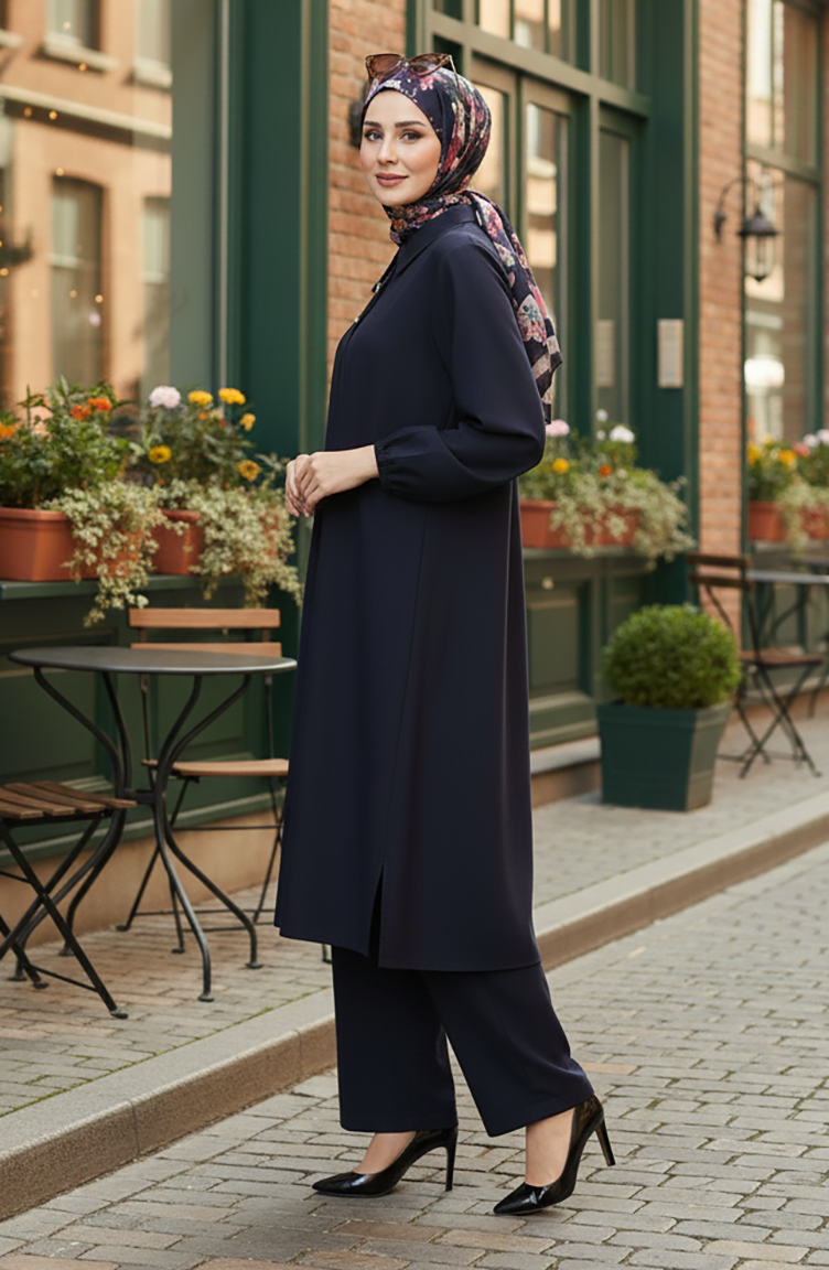 Shirt Collar Tunic Trousers Two Piece Suit 0123-05 Navy Blue 0123-05