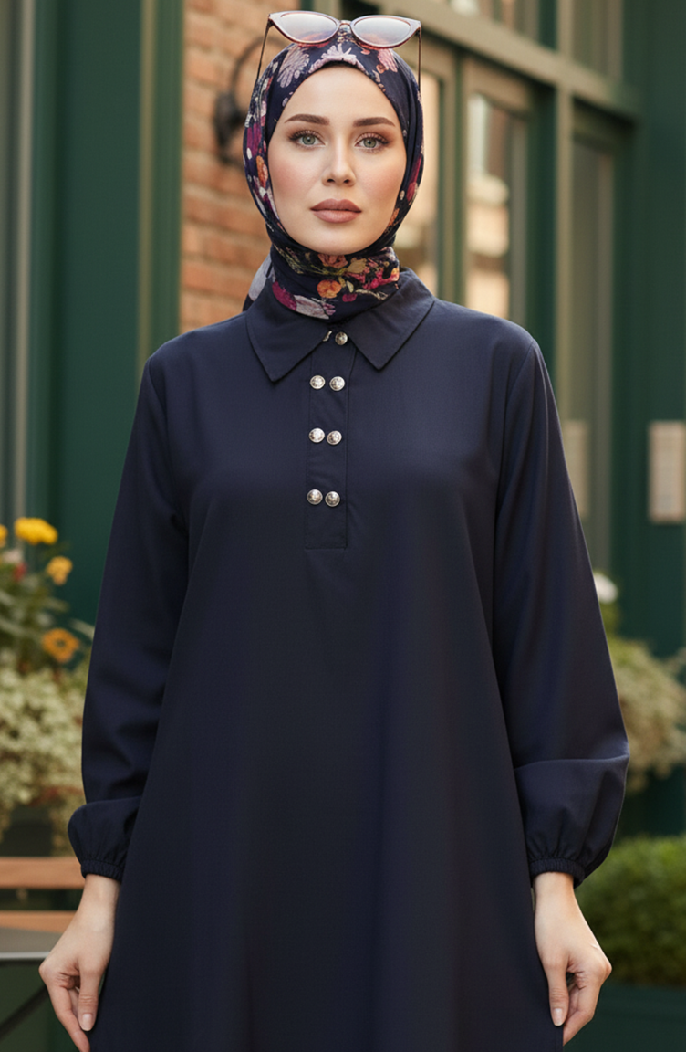 Shirt Collar Tunic Trousers Two Piece Suit 0123-05 Navy Blue 0123-05