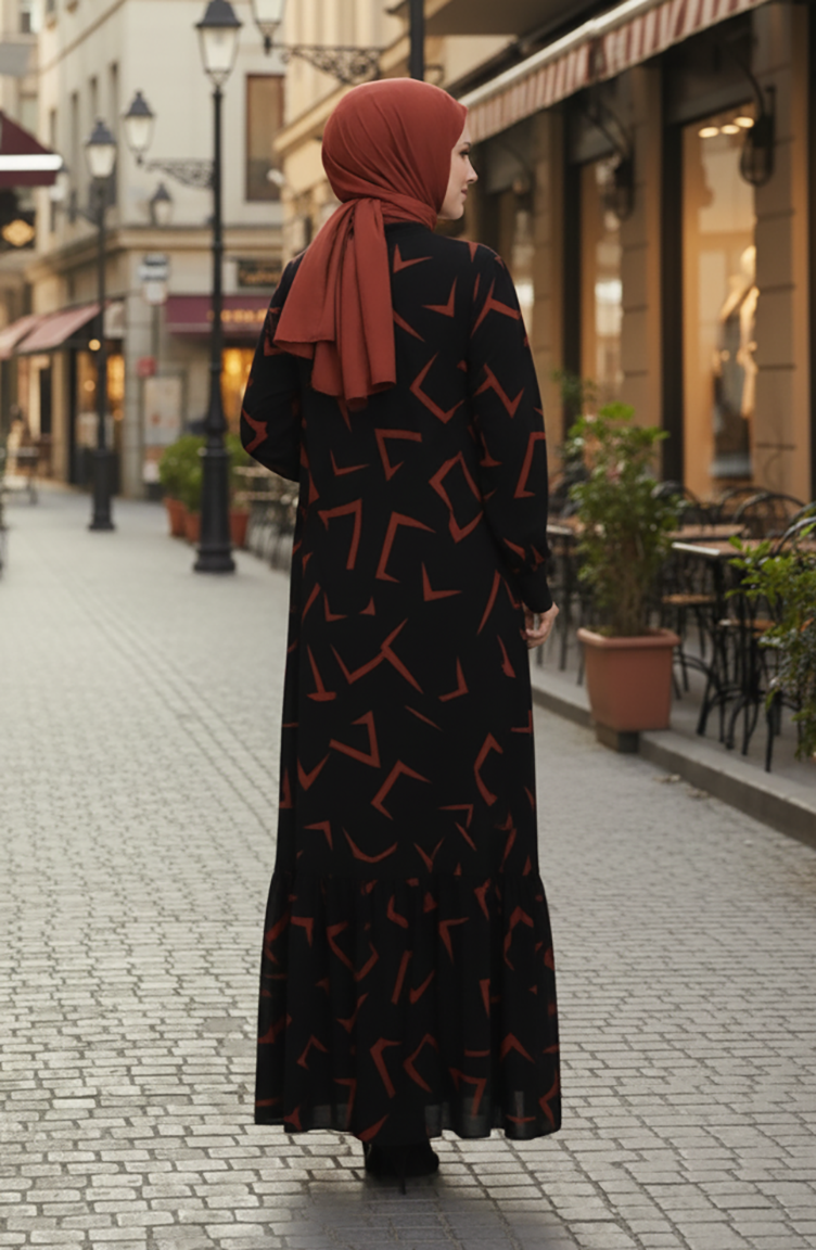 Desenli Elbise 0455-01 Siyah Kiremit
